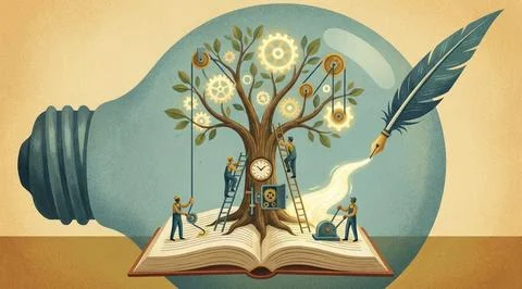 Lightbulb tree of knowledge with people on open book and quill pen Illustrazione stock