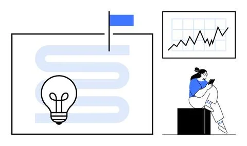 Lightbulb on winding path with blue flag, woman analyzing tablet, and rising  Stock Illustration