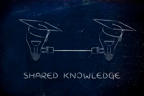 Lightbulbs with graduation cap with plug, shared knowledge Illustrazione stock