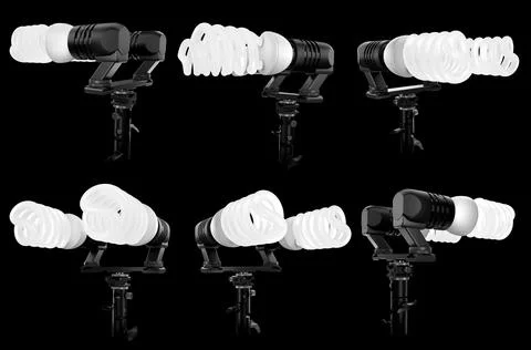 Lightbulbs in lamp holder on studio stand isolated on black background Stock Illustration