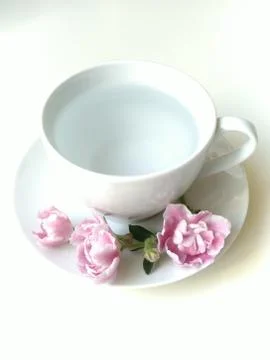 Lighted, blurred, white Cup with clean water, on the saucer under the Cup is  Stock Photos