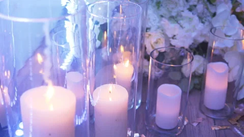 Lighted candles on the floor like decor for the wedding day. Stock Footage 116893996