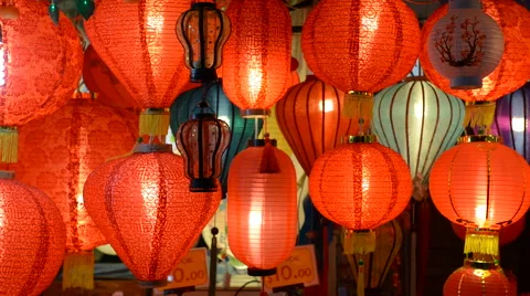 Lighted Chinese Lanterns Swaying in the Wind Stock Footage 52961152