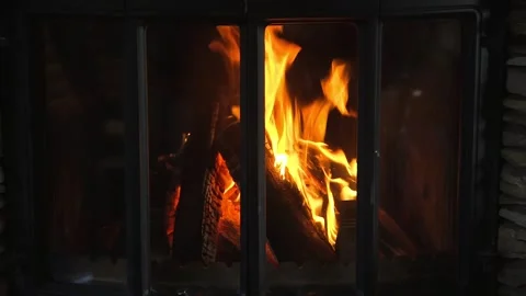 Lighted Fireplace with Horizontal Stone Slab Finish Stock Footage 262562795