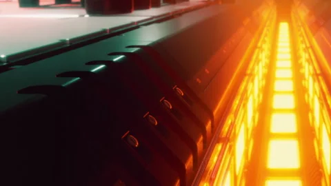 Lighted industrial scene with metal structures and glowing elements Stock Footage 342806639