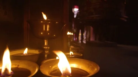 Lighted lamps inside the Kathmandu temple of Nepal Stock Footage 77446861