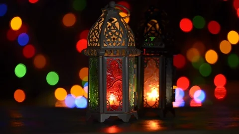Lighted lantern - showing ramadan kareem or eid mubarak celebration conceptual. Stock Footage 107337199