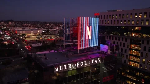 Lighted Netflix Logo on Sunset Blvd. in Hollywood Stock Footage 333908439