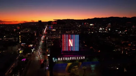 Lighted Netflix Logo on Sunset Blvd. in Hollywood Stock Footage 333908442