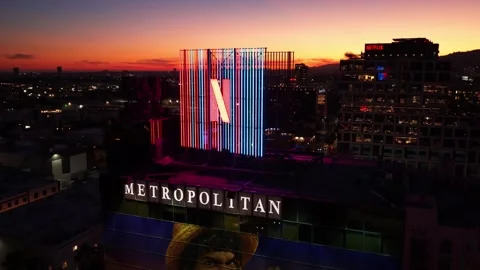 Lighted Netflix Logo on Sunset Blvd. in Hollywood Stock Footage 333908822