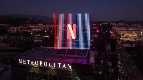 Lighted Netflix Logo on Sunset Blvd. in Hollywood Stock Footage 333908830
