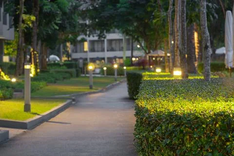 A lighted path among clipped shrubs and green lawns in a hotel in a tropical Foto stock