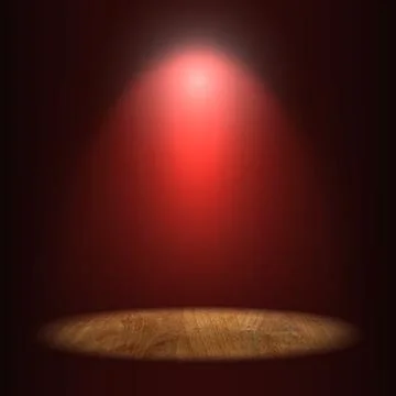 Lighted spot on empty wooden table background dark red wall with spotlight Stock Illustration