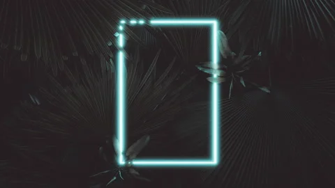 Lighten neon rectangular shape covered by tropical leaves Stockbeeldmateriaal 219200039