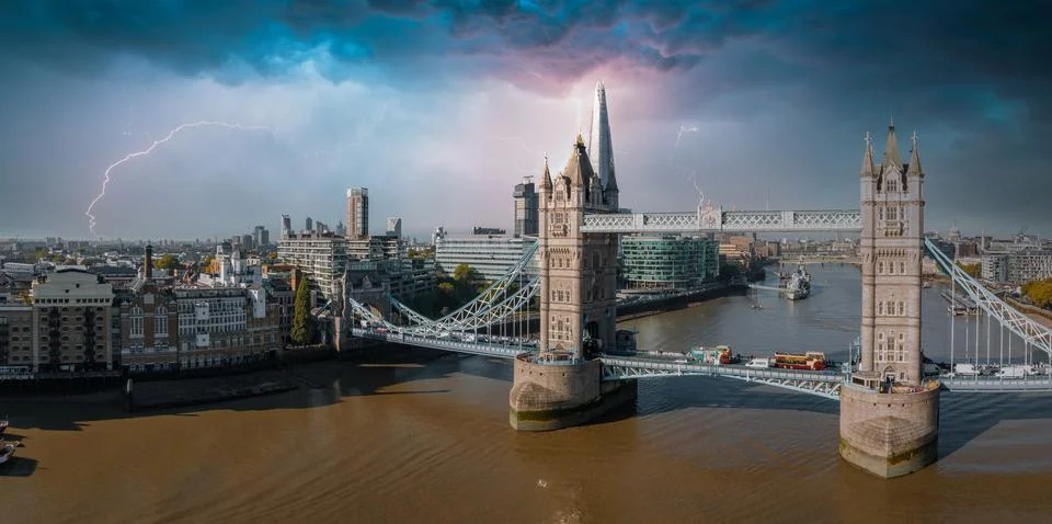 Lightening and thunderstorm in the middle of London near the Tower bridge. Stock Photos