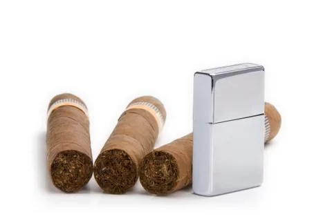 Lighter and three cigars on white background Stock Photos