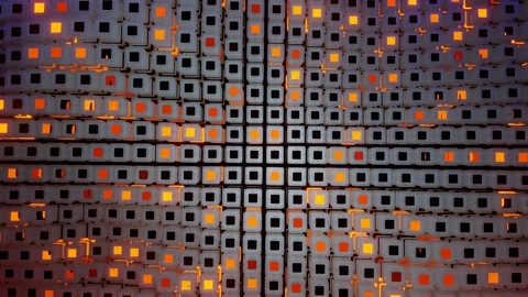Lighter cubes with a flashing red-orange screen move up and down. abstract loopi Stock Footage 254180429
