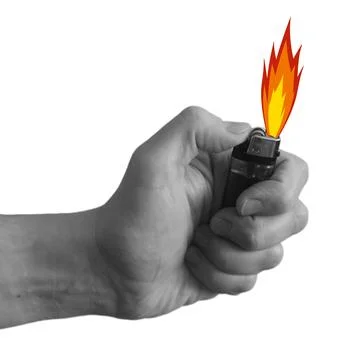 Lighter held in hand with flame on a white background Stock Photos