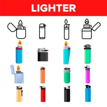 Lighter Icon Set Vector. Gas Tool. Tobacco Lighter Icons. Burning Object Stock Illustration