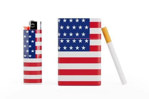 Lighter, ?igarette and Pack of Cigarettes with American Flag. 3d Rendering Stock Illustration