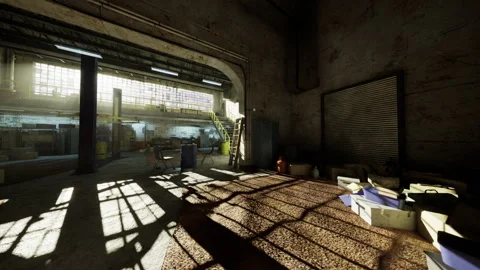 Lightfilled warehouse space featuring large windows and urban view Stock Footage 331397104