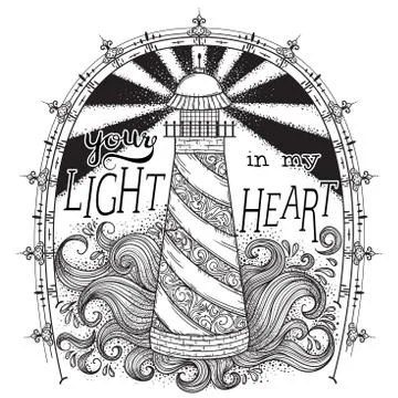 Lighthouse with abstract waves and typographic elements. Stock Illustration