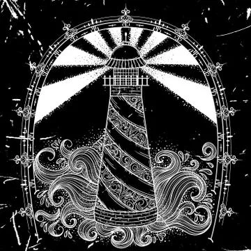 Lighthouse with abstract waves on black grunge background. Stock Illustration