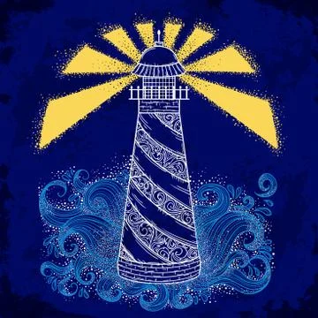Lighthouse with abstract waves on grunge background. Illustrazione stock