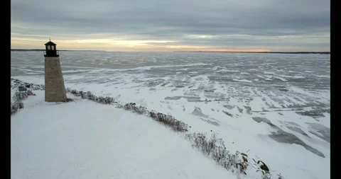 Lighthouse Aerial Orbit in Winter Stock Footage 288374665