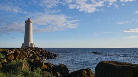 Lighthouse in Akranes on Sunset, Iceland. Stock Footage 112420607