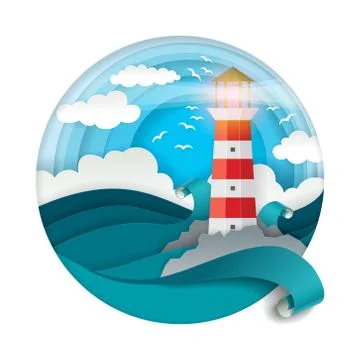 Lighthouse among raging waves vector illustration in paper art style Stock Illustration