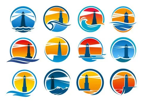 Lighthouse and bacon, sea beach and wave icons set Stock Illustration