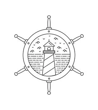 Lighthouse and beach in the beach ship steering wheel frame in mono line art  Stock Illustration