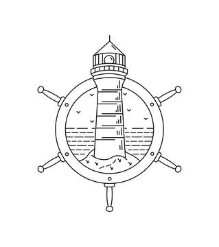 Lighthouse and beach in the beach ship steering wheel frame in mono line art  Stock Illustration