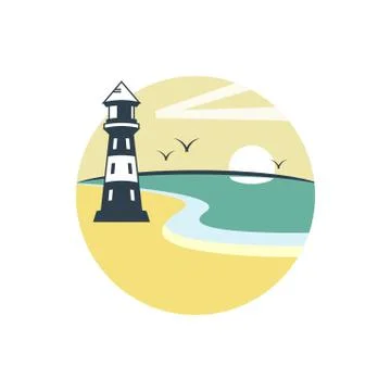 Lighthouse and beach on summer day vector illustration isolated on white back Stock Illustration