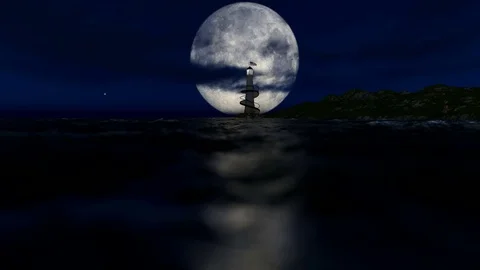 LIGHTHOUSE AND BIG MOON AT NIGHT TIME Stock Footage 70670820