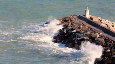Lighthouse and breakwater Stock Footage 55205698