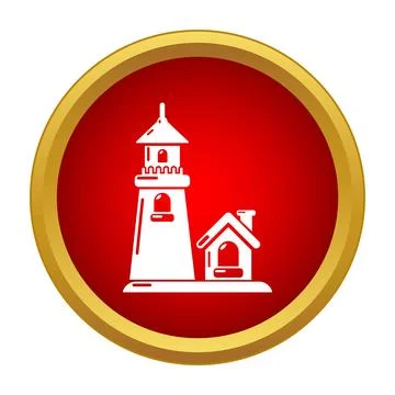 Lighthouse and dwelling icon on red gold button Stock Illustration