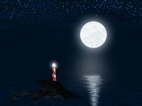 Lighthouse and Full Moon 스톡 일러스트