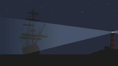 A lighthouse and a large sailing ship. Stock Illustration