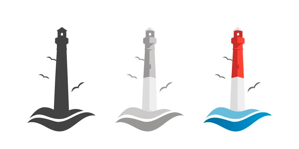 Lighthouse and ocean waves. logo icon. Set in flat style. Lighthouse stylish  Stock Illustration