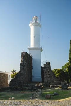 Lighthouse and old town architecture scenery, Colonia del Sacramento, Uruguay Stock Photos