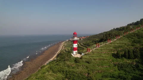 Lighthouse and Open Sea – Drone Panorama Stock Footage 328396279