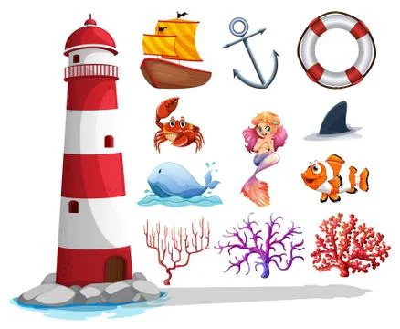 Lighthouse and other ocean things Stock Illustration