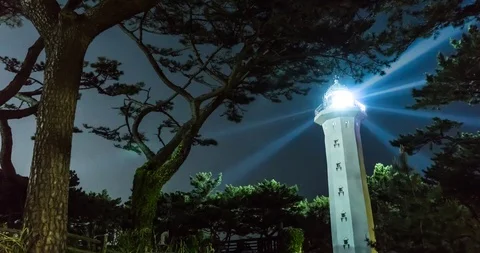 Lighthouse and Pine  Night scape time lapse, Ulsan, South Korea Stock Footage 108128397