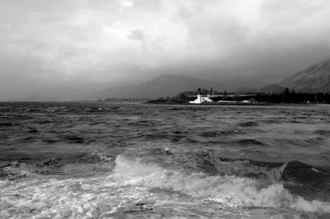 Lighthouse and Rough River in Black and White 写真素材
