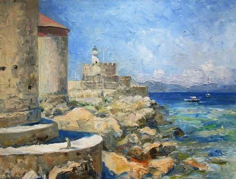 Lighthouse and the sea in Rhodes, Greece, oil painting Stock Illustration