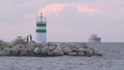 Lighthouse and the ship Stock Footage 218987807