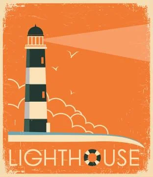 Lighthouse and sky on old poster.Vector vintage image Stock Illustration