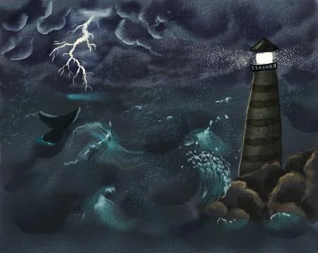 Lighthouse and tail of whale Stock Illustration